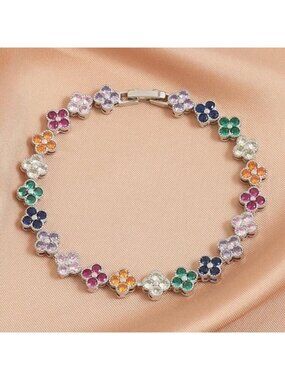 Silver Rainbow Flower Tennis Bracelet Colorful Crystal Bracelet